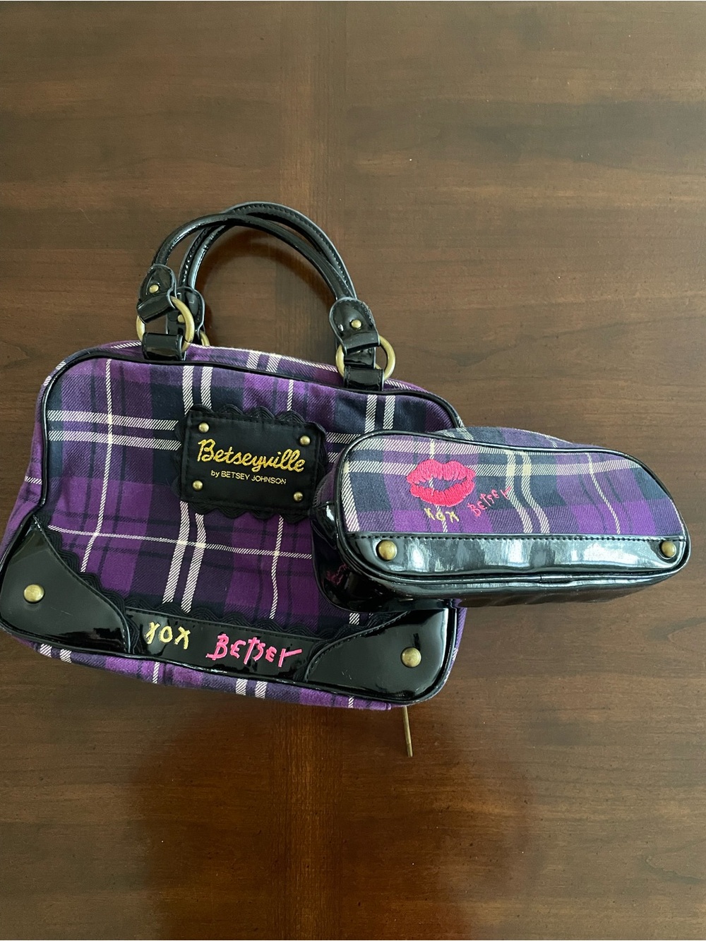 Y2K Purple Plaid Makeup Bag with Matching Pouch - Betsy Johnson
